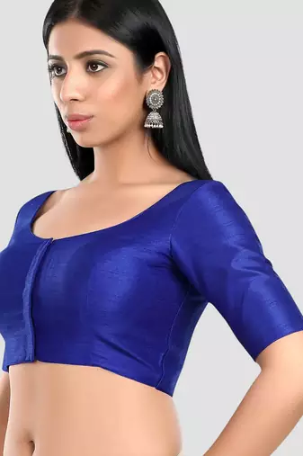 Royal blue kora silk elbow sleeves round neck padded readymade saree blouse