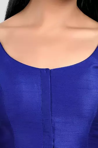 Royal blue kora silk elbow sleeves round neck padded readymade saree blouse