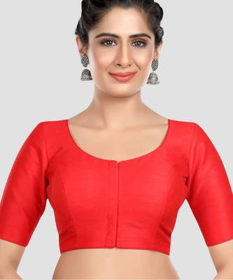 Red kora silk elbow sleeves round neck padded readymade saree blouse 1
