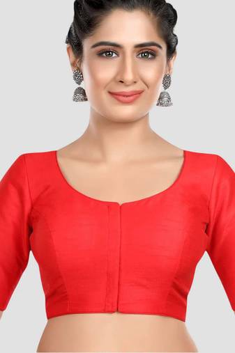 Red kora silk elbow sleeves round neck padded readymade saree blouse