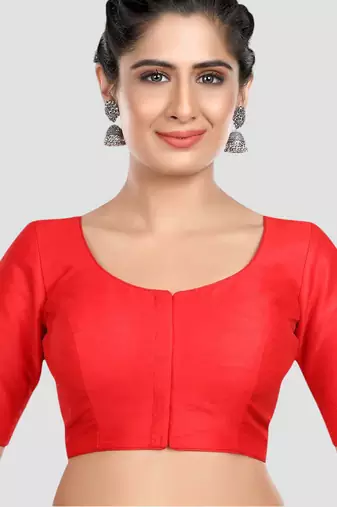 Red kora silk elbow sleeves round neck padded readymade saree blouse