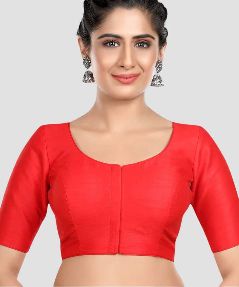 Red kora silk elbow sleeves round neck padded readymade saree blouse