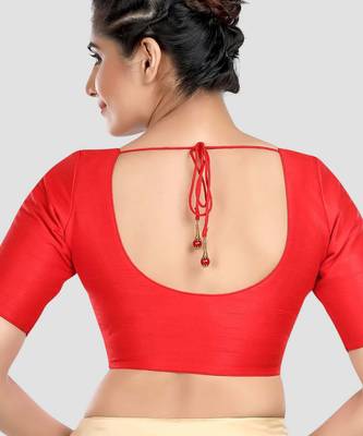 Red kora silk elbow sleeves round neck padded readymade saree blouse 2