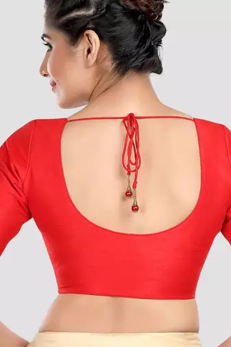 Red kora silk elbow sleeves round neck padded readymade saree blouse