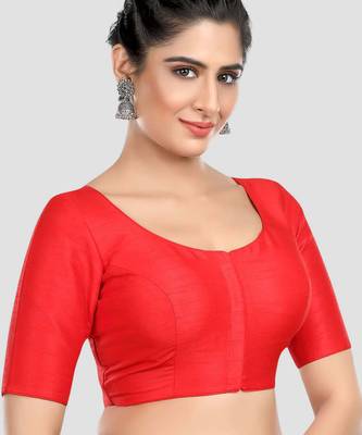 Red kora silk elbow sleeves round neck padded readymade saree blouse 3