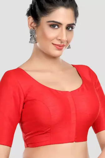 Red kora silk elbow sleeves round neck padded readymade saree blouse