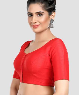 Red kora silk elbow sleeves round neck padded readymade saree blouse 4