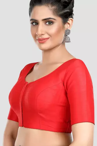 Red kora silk elbow sleeves round neck padded readymade saree blouse