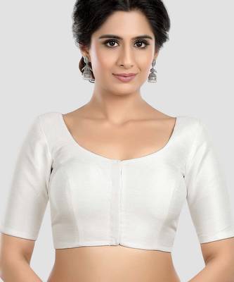 White kora soilk solid readymade saree blouse with round neckline 1