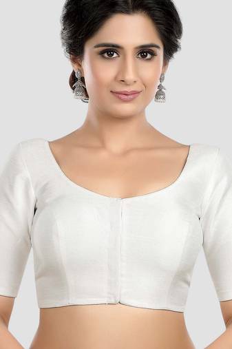 White kora soilk solid readymade saree blouse with round neckline