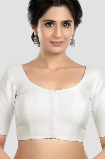 White kora soilk solid readymade saree blouse with round neckline