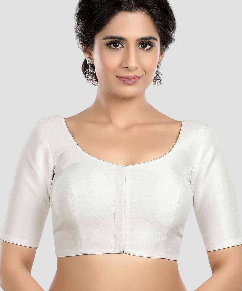 White kora soilk solid readymade saree blouse with round neckline