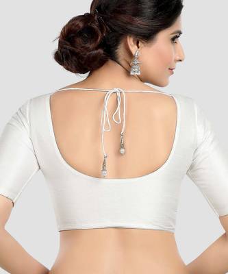 White kora soilk solid readymade saree blouse with round neckline 2