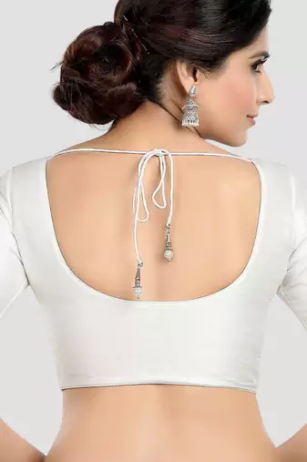 White kora soilk solid readymade saree blouse with round neckline