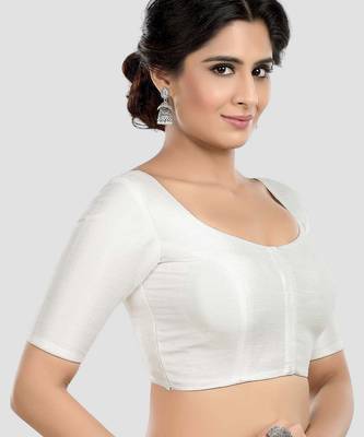 White kora soilk solid readymade saree blouse with round neckline 3