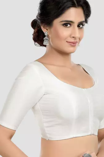 White kora soilk solid readymade saree blouse with round neckline