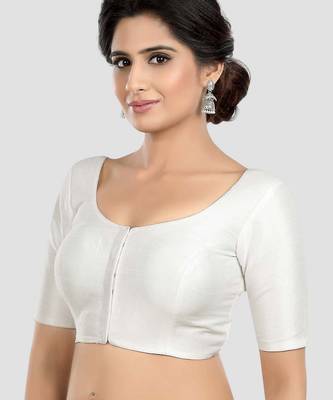 White kora soilk solid readymade saree blouse with round neckline 4