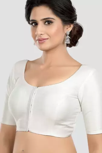White kora soilk solid readymade saree blouse with round neckline
