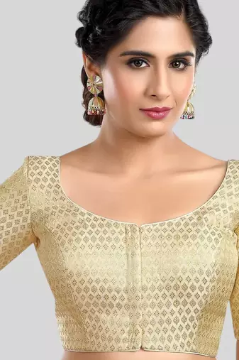 Cream brocade motif ethnic short sleeves padded readymade saree blouse