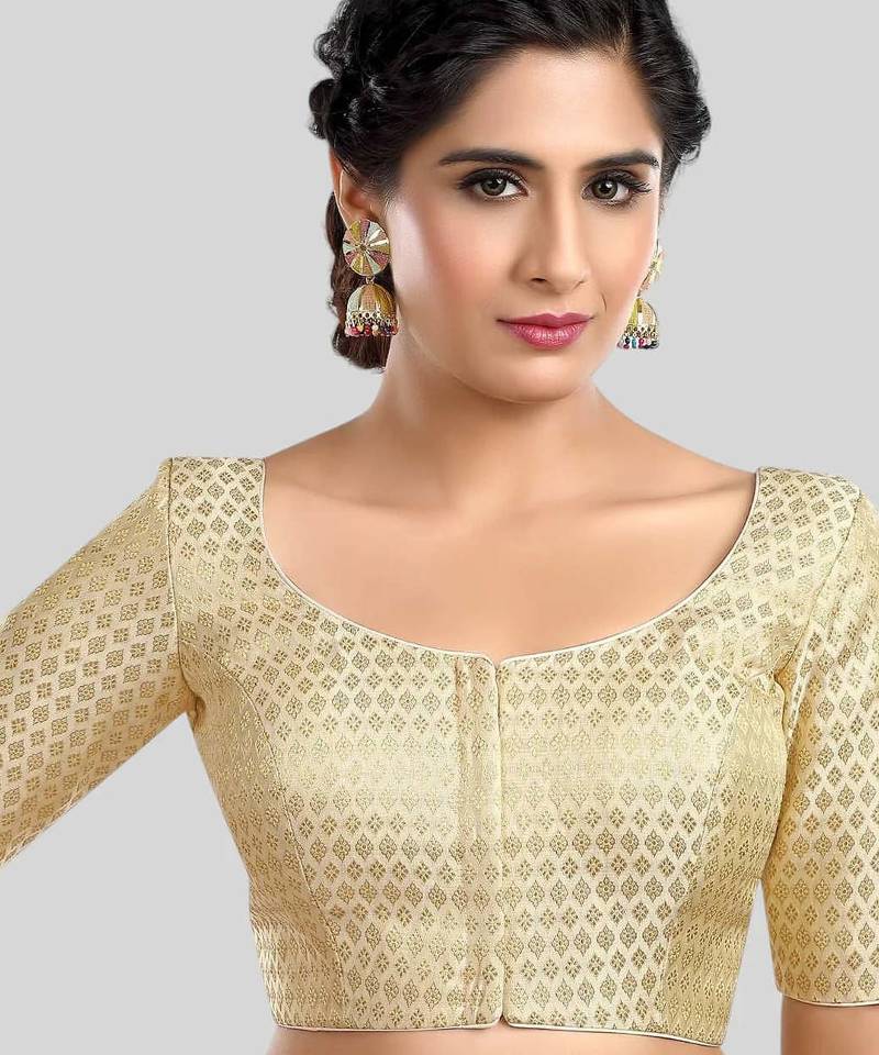 Cream brocade motif ethnic short sleeves padded readymade saree blouse