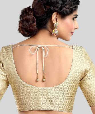 Cream brocade motif ethnic short sleeves padded readymade saree blouse 2