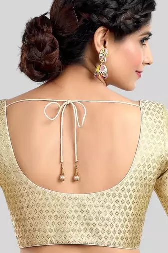 Cream brocade motif ethnic short sleeves padded readymade saree blouse