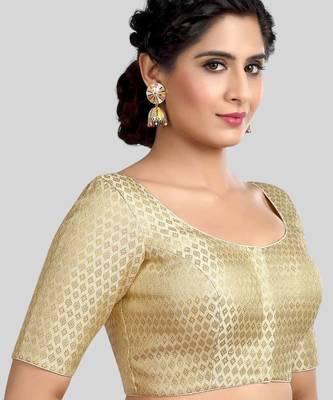 Cream brocade motif ethnic short sleeves padded readymade saree blouse 3