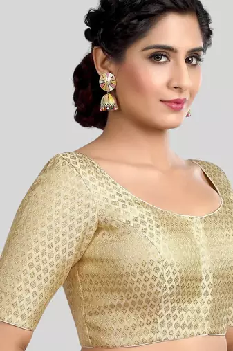 Cream brocade motif ethnic short sleeves padded readymade saree blouse