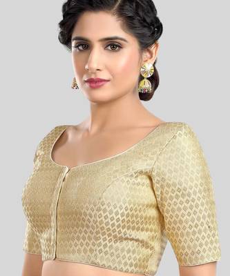 Cream brocade motif ethnic short sleeves padded readymade saree blouse 4