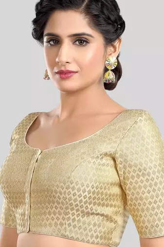 Cream brocade motif ethnic short sleeves padded readymade saree blouse