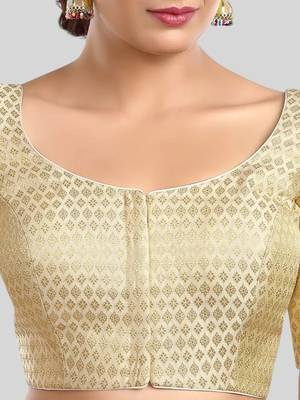 Cream brocade motif ethnic short sleeves padded readymade saree blouse 5