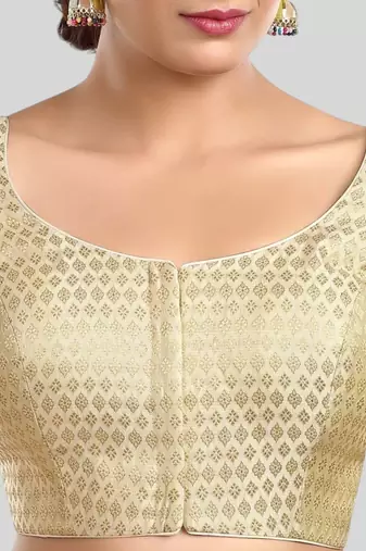 Cream brocade motif ethnic short sleeves padded readymade saree blouse