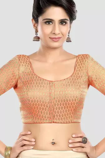 Peach brocade elbow sleeves round neck padded readymade saree blouse