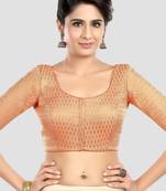 Peach brocade elbow sleeves round neck padded readymade saree blouse