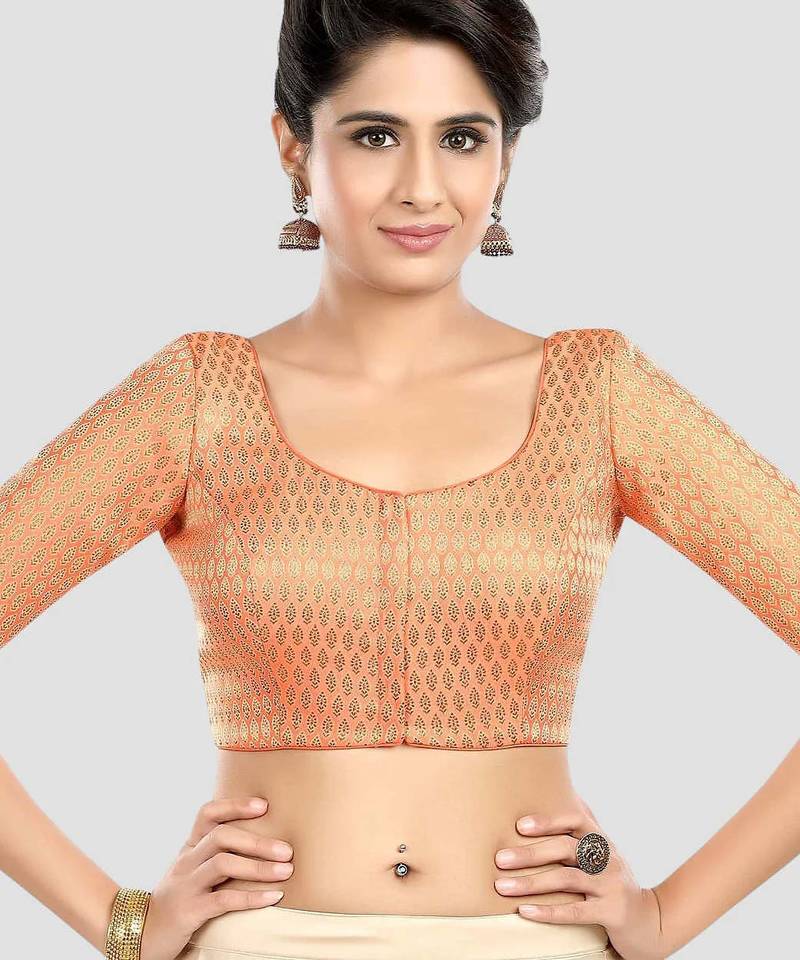 Peach brocade elbow sleeves round neck padded readymade saree blouse