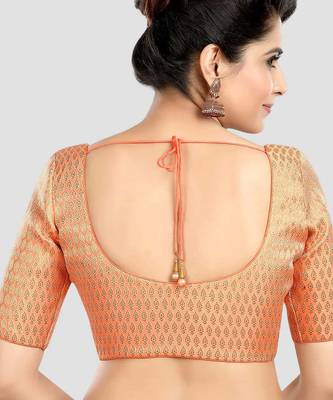 Peach brocade elbow sleeves round neck padded readymade saree blouse 2