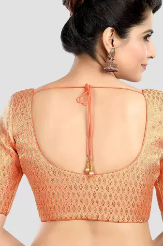 Peach brocade elbow sleeves round neck padded readymade saree blouse