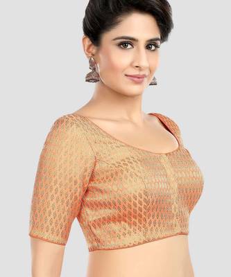 Peach brocade elbow sleeves round neck padded readymade saree blouse 3