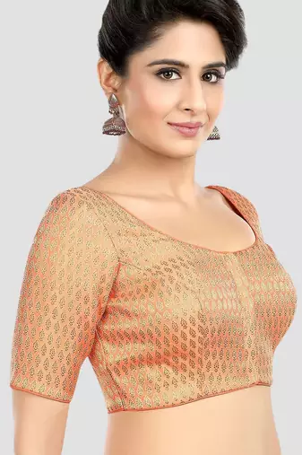 Peach brocade elbow sleeves round neck padded readymade saree blouse