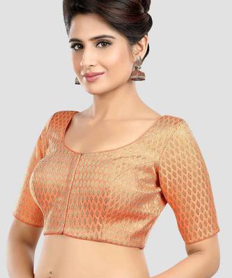 Peach brocade elbow sleeves round neck padded readymade saree blouse 4