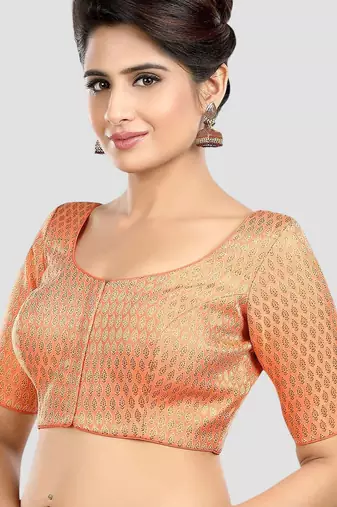 Peach brocade elbow sleeves round neck padded readymade saree blouse