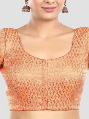 Peach brocade elbow sleeves round neck padded readymade saree blouse 5