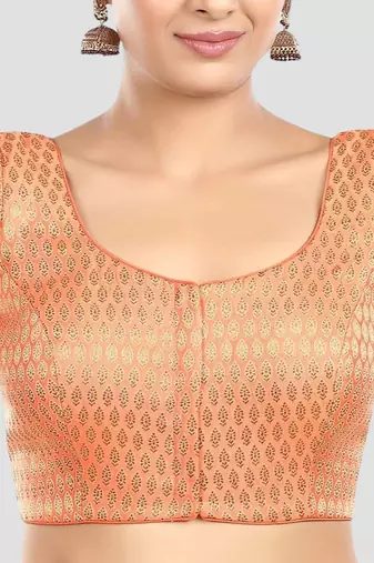 Peach brocade elbow sleeves round neck padded readymade saree blouse