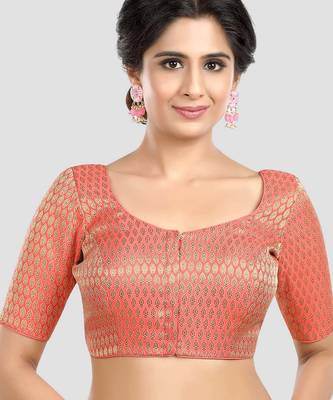 Pink brocade elbow sleeves round neck padded readymade saree blouse 1