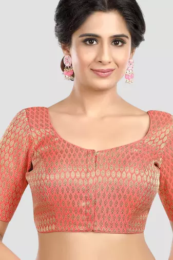 Pink brocade elbow sleeves round neck padded readymade saree blouse