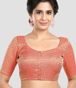Pink brocade elbow sleeves round neck padded readymade saree blouse
