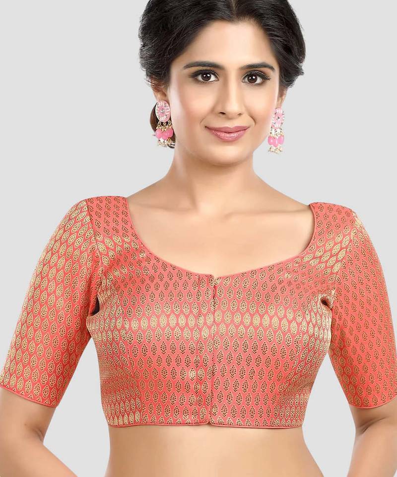 Pink brocade elbow sleeves round neck padded readymade saree blouse