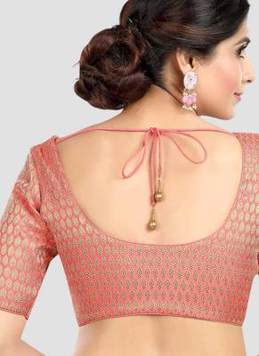Pink brocade elbow sleeves round neck padded readymade saree blouse 2