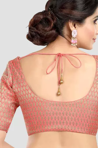 Pink brocade elbow sleeves round neck padded readymade saree blouse