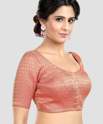 Pink brocade elbow sleeves round neck padded readymade saree blouse 3